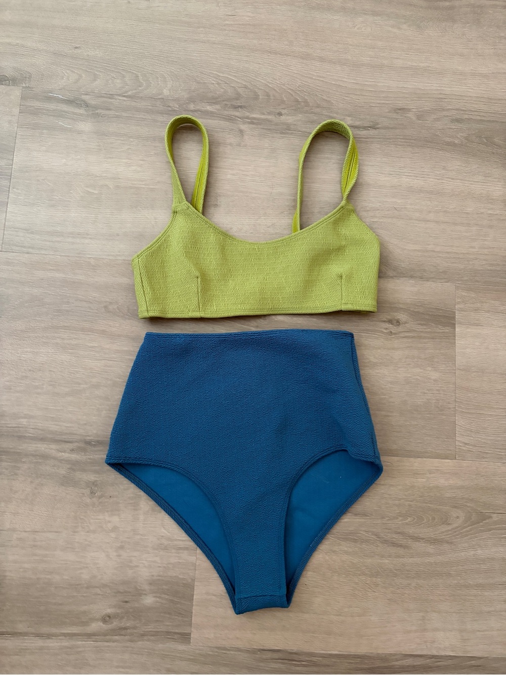 Wanderlust Mikoh High-Waist Teal Bottoms with Chartreuse Green Bikini top Set